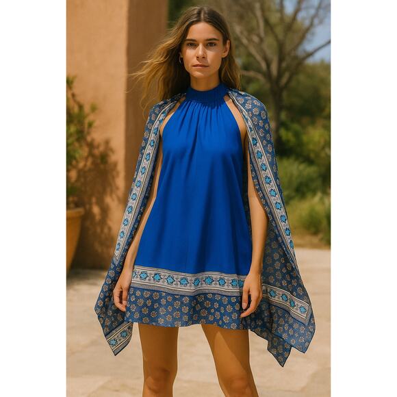 Carolina K Silk Mini Halter Short Cape Dress Blue Flowy Boho XS Cocktail - Picture 1 of 10